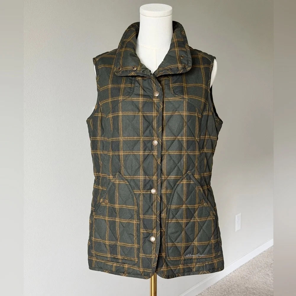 Eddie Bauer Olive Green Plaid Quilted Vest Lightweight Puffer - M